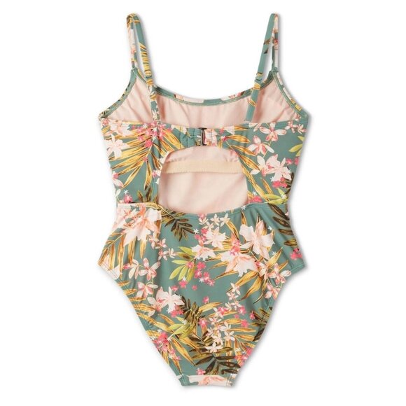 Kona Sol Size Large 12-14 Green Tropical Floral Print Shirred 1 Piece Swimsuit - Picture 4 of 7